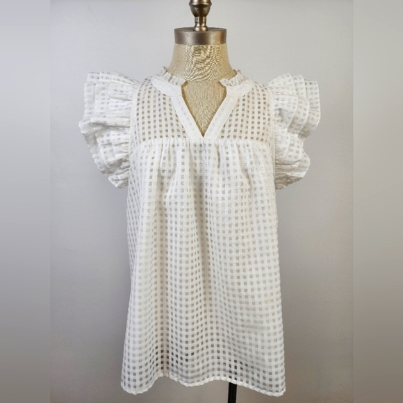 Entro Women's White Ruffled Cap Sleeve Blouse Sheer Sections Lined, sz MD - Picture 1 of 15